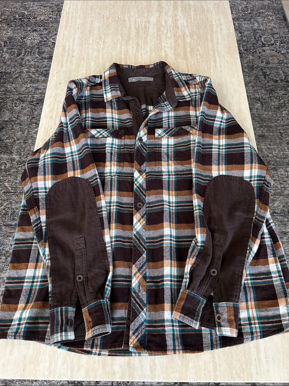 Men's Brown Plaid Flannel Shirt with Elbow Patches